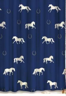 White Horses on Blue Western Fabric Shower Curtain Bathroom Home Decor
