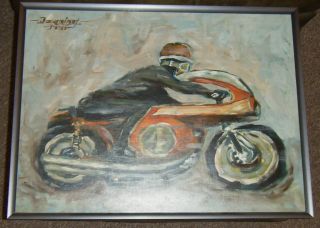 1965 Motorcycle Rider Oil Painting on Canvas Panel Dwight Downing Man