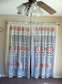 Lace Curtains Sheers Pink Rose Floral Design Off White Aprox 58 x 74