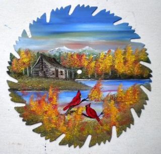 Hand Painted Saw Blade Mountain Fall Cabin and Cardinals