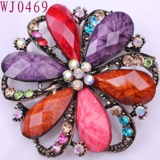  Flower Rainbow gemstone Alloy Elegant Ladies Pins Brooch WJ0469