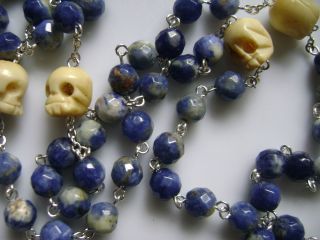RARE Beautiful Natural Lapis Lazuli Bone Skulls Rosary Cross