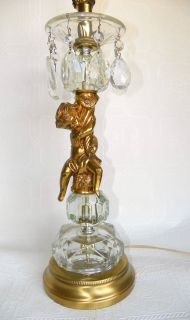 Vintage Gilt Cherub Crystal Table Lamp Shabby Cottage Chic Hollywood
