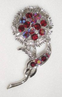 Large Vintage Red AB Rhinestone Astor Flower Brooch Pin