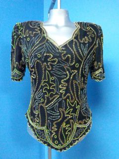 51276 Laurence Kazar Beaded Fitted Black Silk Evening Blouse Top Sz M