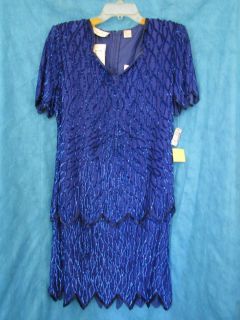 Laurence Kazar Beaded Sequin Dress Gown Silk L Royal Blue Scalloped
