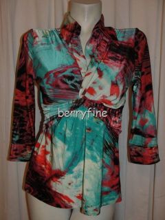 BFS04 LAURA MAX Size L Aqua Red Pink Twisted Front V Neck 3 4 Sleeve