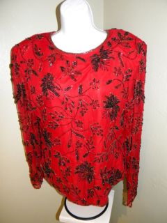 Vintage Lawrence Kazar Womens BEADED Evening Blouse Top Black Red