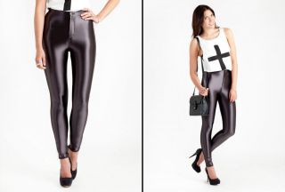 Brand New Womens High Shine Disco Pants in Charcoal Black by Glamorous