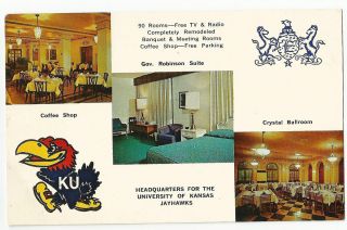  Kansas Jayhawk Mascot ELDRIDGE HOTEL Lawrence KS Postcard 1950s RARE