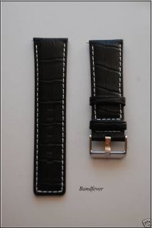 26mm Black Genuine Leather Watch Band Strap White Stich
