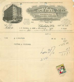 1928 Billhead Thomas Field Co Wholesale Dry Goods Notions Charleston