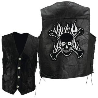 2XL Scull Bones Black Leather Motorcycle Biker Vest