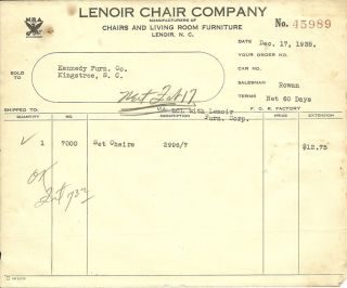1935 Lenoir Furniture Co Billheads One with NRA Member Logo Broyhill