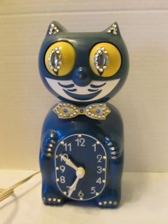 vintage kit kat cat clocks royal blue jeweled rare cat / box tested no