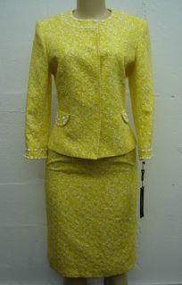 Tahari Women Suit Set Leticia Skirt Jacket Set Yellow White Size 4