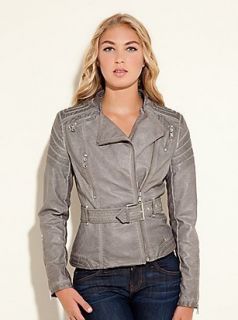 Guess Jeans $138 Letha Faux Leather Quilted Jacket Grey w Belt s 4 5
