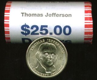 Head Tail 2007 D Mint BU Thomas Jefferson $25 Gold Dollar Roll Cheap