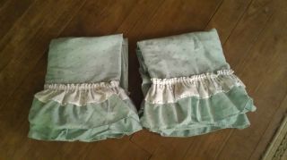 Light Blue Green with Pink Flowers Ruffled Curtains 2 Panels