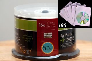 50 HP Lightscribe DVD R Blank DVD Discs 16x 100pcs CD DVD Paper Sleeve