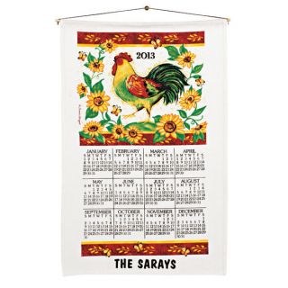 New Personalized 2013 Rooster Linen Calendar Towel w Wooden Dowel Cord