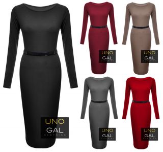 Womens Ladies Stretchy Jersey Belted Long Sleeve MIDI Bodycon Dress UK