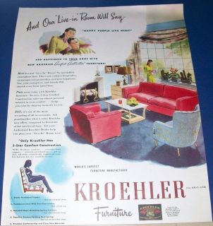 1945 Kroehler Furniture Ad Living Room Sofa Chairs Live in Room