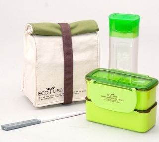 GREEN Bento Lunch Box Set w 2 Containers Bottle Chopstics Insulated