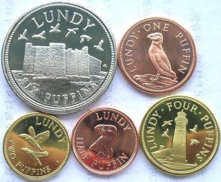 Lundy 2011 New Set of 5 Coins 1 2 1 2 4 6 Puffins UNC