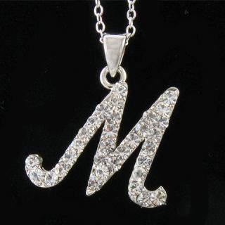 Silver Tone Initial Letter M Crystal Pendant Necklace M