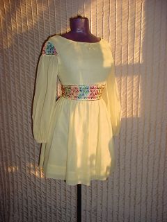  Yellow Embroidered Peasant Style Mini Dress by Peggy Barker sz Sm