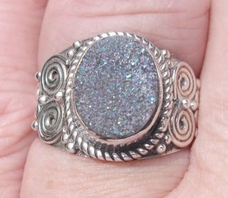 SS Artisan Crafted Ring Large Oval Druzy Quartz Swirl Rope Design Size