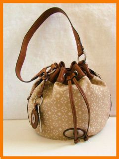 New FOSSIL Maddox Drawstring Tan Off White Print Fabric Brown Leather