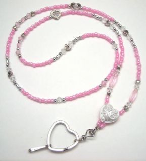Beaded Lanyard ID Badge Holder Pink Silver White Hearts 0076