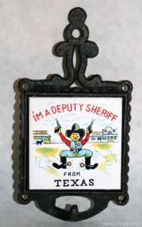 Vintage Deputy Sheriff TX Ceramic Tile Cast Iron Trivet