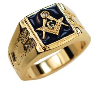 Masonic Mens Ring Blue CZ Ring Lodge 14k Gold Overlay Size 13