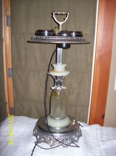 Vintage Lighted Ashtray Stand W Electric Lighter Marble Slag Glass Art