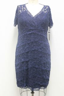 Marina Plus Size Beaded Cap Sleeve Lace Tiers Evening Cocktail Dress