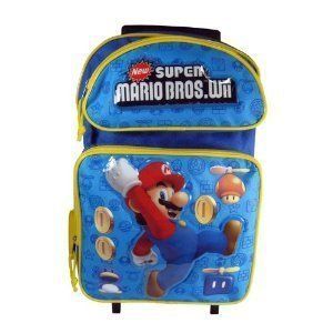 Super Mario Bros Wii Large Rolling Backpack Bag Tote Luggage Blue