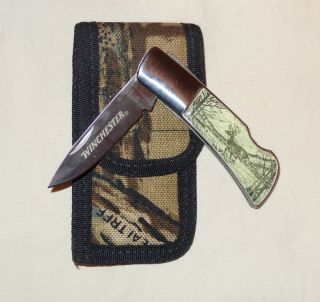 NEW WINCHESTER LOCKING BLADE POCKET KNIFE WIH CAMO SHEATH WITH DEER ON