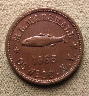 Civil War Token M L Marshall Fishing Tackle Rare Coin 1863 Oswego NY