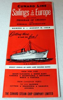 Cunard Line Steam SHIP Schedule to Europe Queen Mary Elizabeth