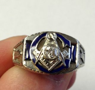14k White Gold Diamond Sapphire Masonic Ring