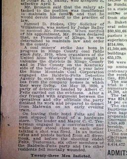 1921 Newspaper Sid Hatfield Battle of Matewan Police Chief Fame Found
