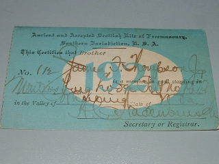1921 Freemason Membership Card Martinsburg WV
