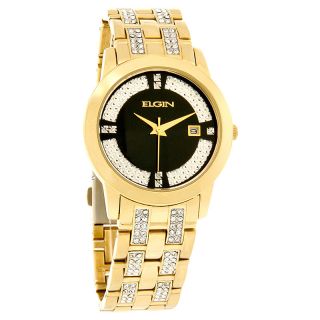 Elgin Quartz Mens Black Dial Gold Tone Crystal Bracelet Dress Watch