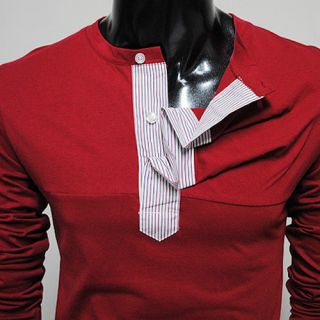 BBT THELEES Mens Stripe Patched Shirring Tshirts Red