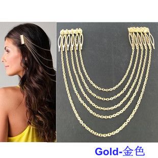 Fashion Golden Metal Long Tassel Chains Cuff Hair Combs Women Hairband