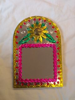 Mexican Folk Art Punched Tin Arched Mirror w Flowers