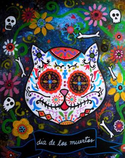 Print Art Mexican Folk Art Day of The Dead Kitty Cat Sugar Skull